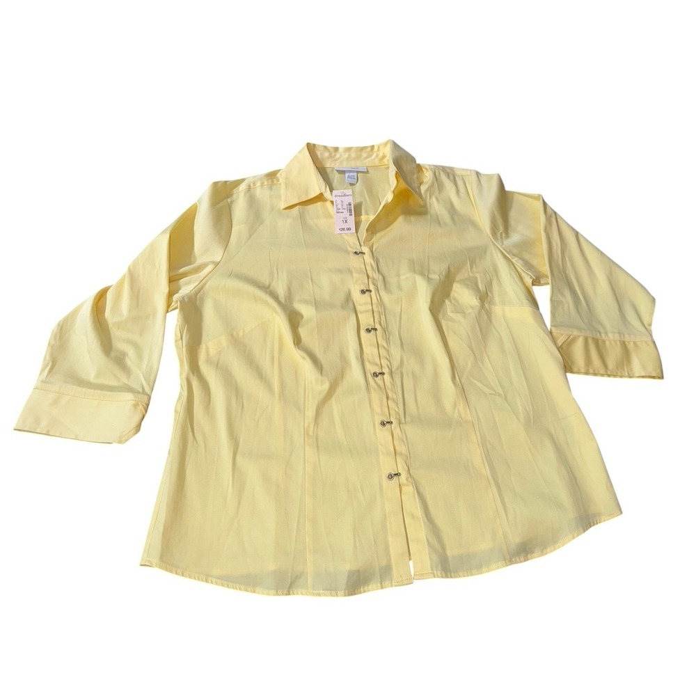 Dressbarn Woman Blouse 1X‎ Yellow Button Front 3/4 Sleeve Career NWT Plus Size